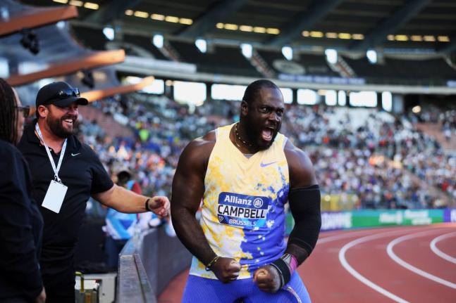 
Rajindra Campbell celebrates the 23.08-metre monster he threw to claim the Diamond League title in Brussels yesterday.