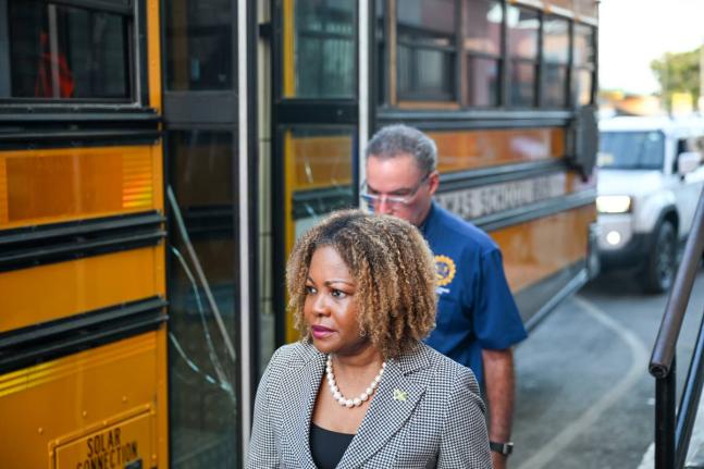 Minister of Education, Skills, Youth and Information, Senator Dr Dana Morris Dixon, and Minister of Energy, Transport and Telecommunications, Daryl Vaz, arrive in Yallahs, St Thomas, for the rollout of the Rural School Bus Programme Back-to-School Tour at 