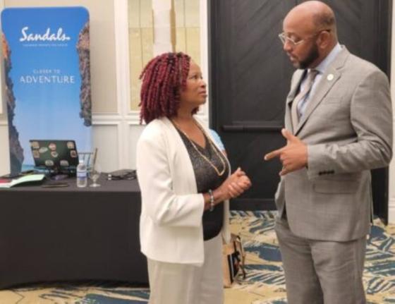 Conference Chair and Managing Director of the Food Hygiene Bureau (FHB), Dr Marva Hewitt, engages in discussion with St Ann’s Bay Mayor, Councillor Michael Belnavis, at the recent launch of the 10th International Food Security and Sovereignty Conference 