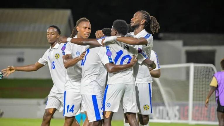 St Lucia’s players celebrate scoring a goal against Bermuda in their Concacaf Nations League Group B game on Monday.