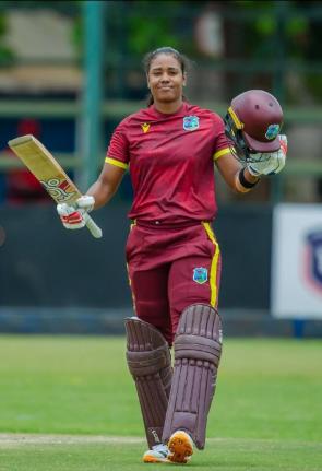 West Indies captain, Hayley Matthews, celebrates scoring a century against Zimbabwe at the Harare Sports Club in Zimbabwe.