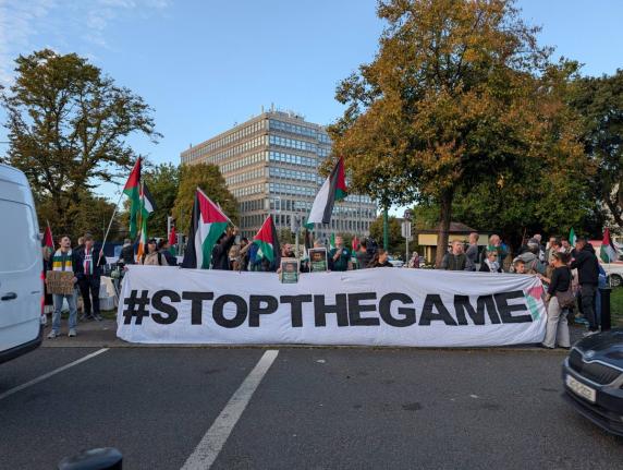 
People call on the Football Association of Ireland to boycott today’s football game against Israel near the Aviva Stadium in Dublin on Thursday.