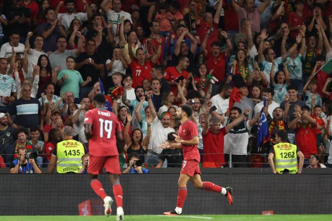 Portugal’s Goncalo Ramos (right) celebrates after scoring his side’s second goal during the Nations League  match between Portugal and Norway in Porto, Portugal, Sunday, October 4, 2026.  