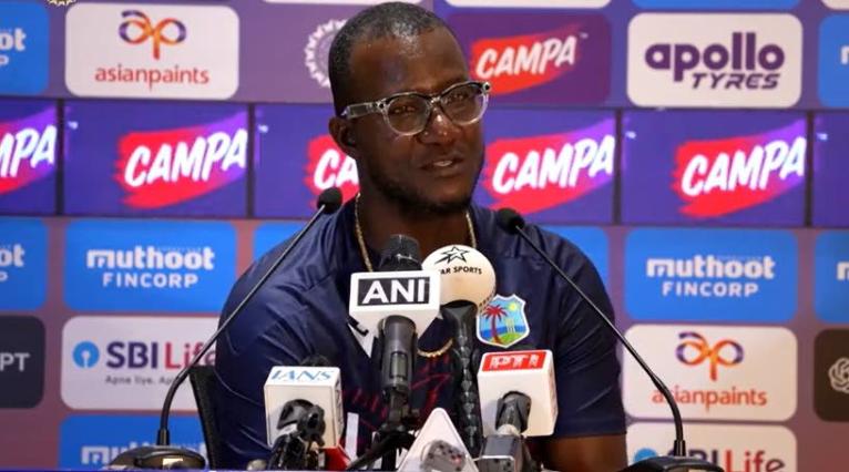 Daren Sammy speaking to the media in India.