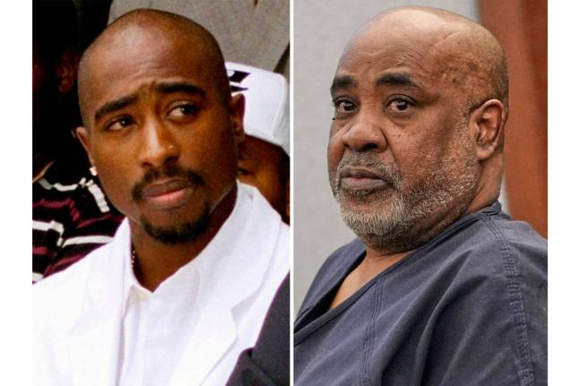Rapper Tupac Shakur attends a voter registration event in South Central Los Angeles on August 15, 1996, left, and Duane 'Keffe D' Davis appears in District Court for his involvement in the 1996 killing of Shakur in Las Vegas on February 18, 2025. (AP Photo