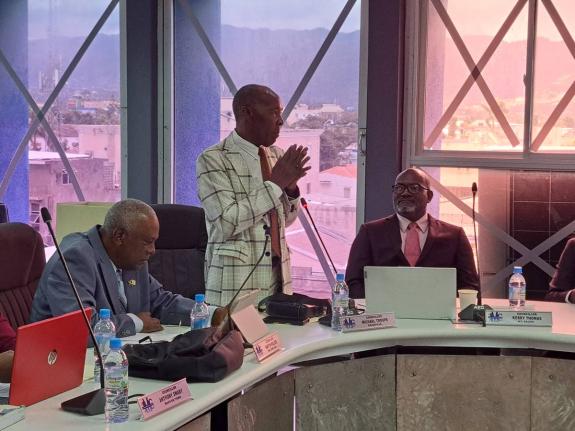 Michael Troupe (centre), councillor for the Granville division in the St James Municipal Corporation, addresses the monthly meeting of the corporation last Thursday. Also pictured are Martin Kellier (left), councillor for the Welcome Hall division, and Ker