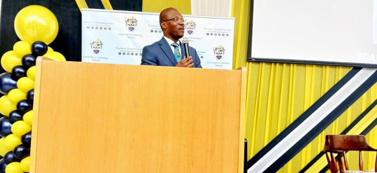 Dr Kevin Brown, president and principal of the University of Technology (Jamaica) addressing the Pan-African/Caribbean Artificial Intelligence and Smart Systems Conference (PAAISS 2026) on Tuesday.
