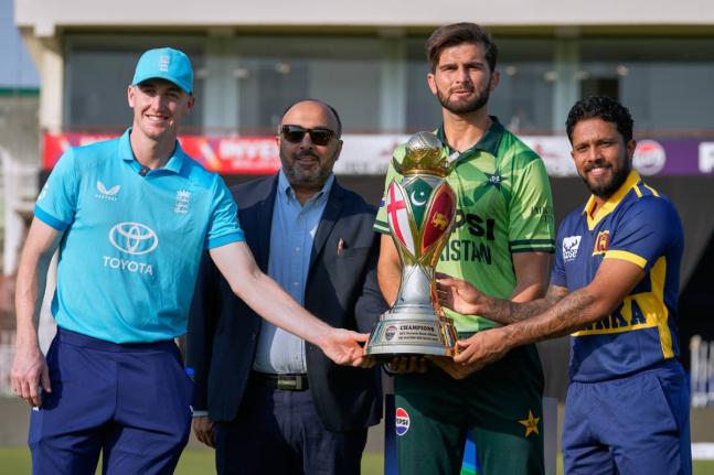 England’s captain Harry Brook (left), Pakistan’s captain Shaheen Shah Afridi (second right) Sri Lanka’s captain Kusal Mendis (right) and a representative of main sponsor pose for a photograph ahead of a tri-nation One-Day International series in Rawa