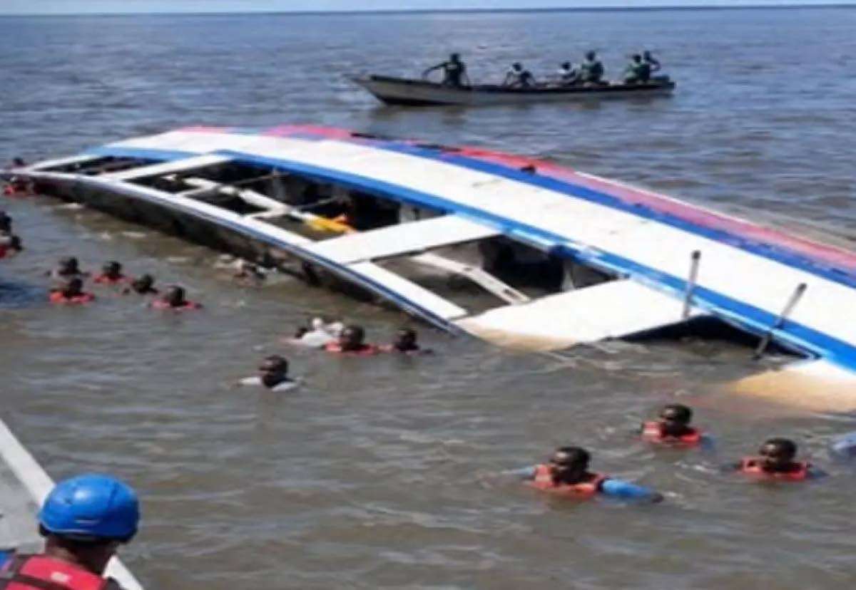 Survivors in the water after MV Burima capsizes.