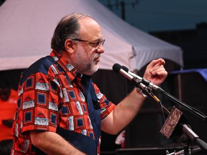 Opposition Leader Mark Golding, president of the People’s National Party, addresses supporters at the public session of the 88th Annual Conference held on Sunday at Independence Park in Savanna-la-Mar, Westmoreland.