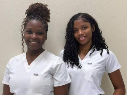 Medical students Ashli McCarthy (left) and Tiara Hayles pictured at the University of Guyana. McCarthy, who is in her final year, and Hayles, who is in her second year, have made their country proud in the South American country, retaining high grades thro
